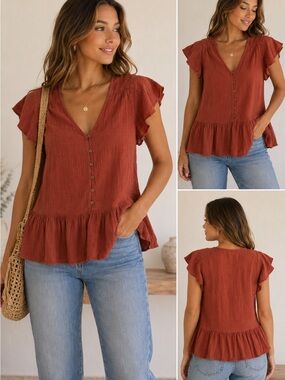 🤎 Little Lies Rust Peplum Blouse | Size 12